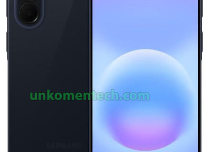 Samsung Galaxy A57 5G smartphone in Awesome Navy color, showing front display and rear camera design