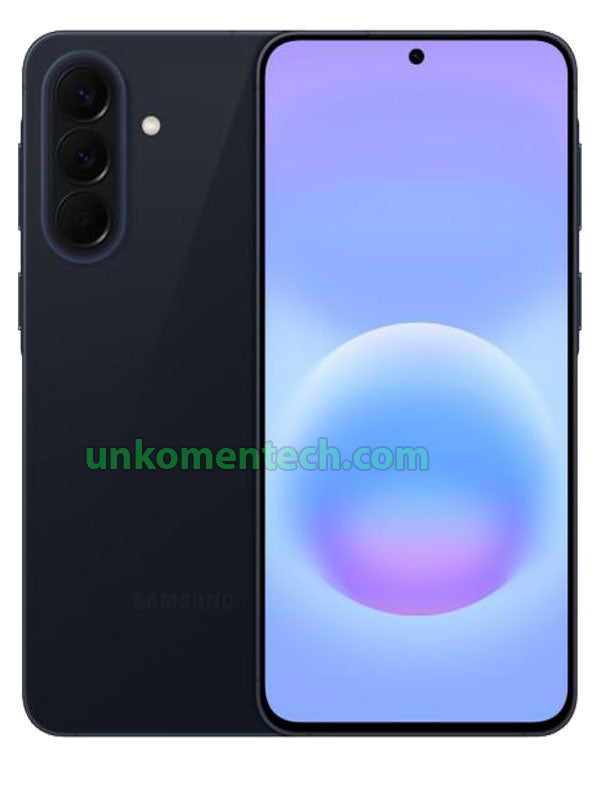 Samsung Galaxy A57 5G smartphone in Awesome Navy color, showing front display and rear camera design